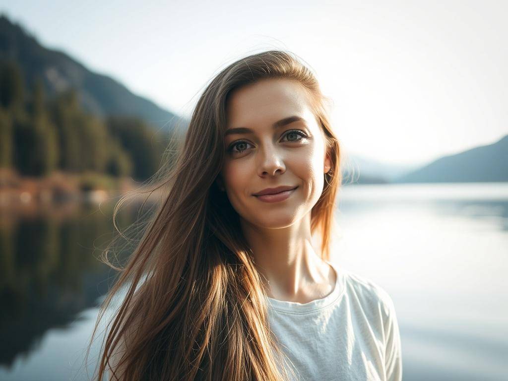 A 30-year-old woman with long hair on the background of a lake A 30-year-old woman with long hair on the background of a lakeфото